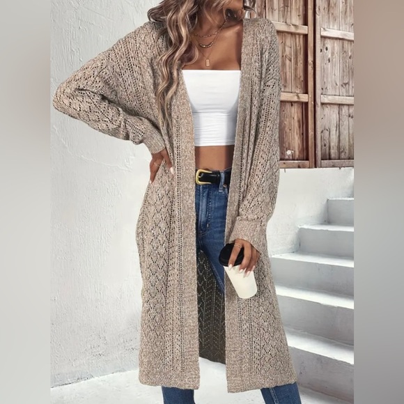 New Open Front Solid Crochet Hollow Cardigan Knit Long Sleeve Split Neutral NWT - Picture 2 of 16